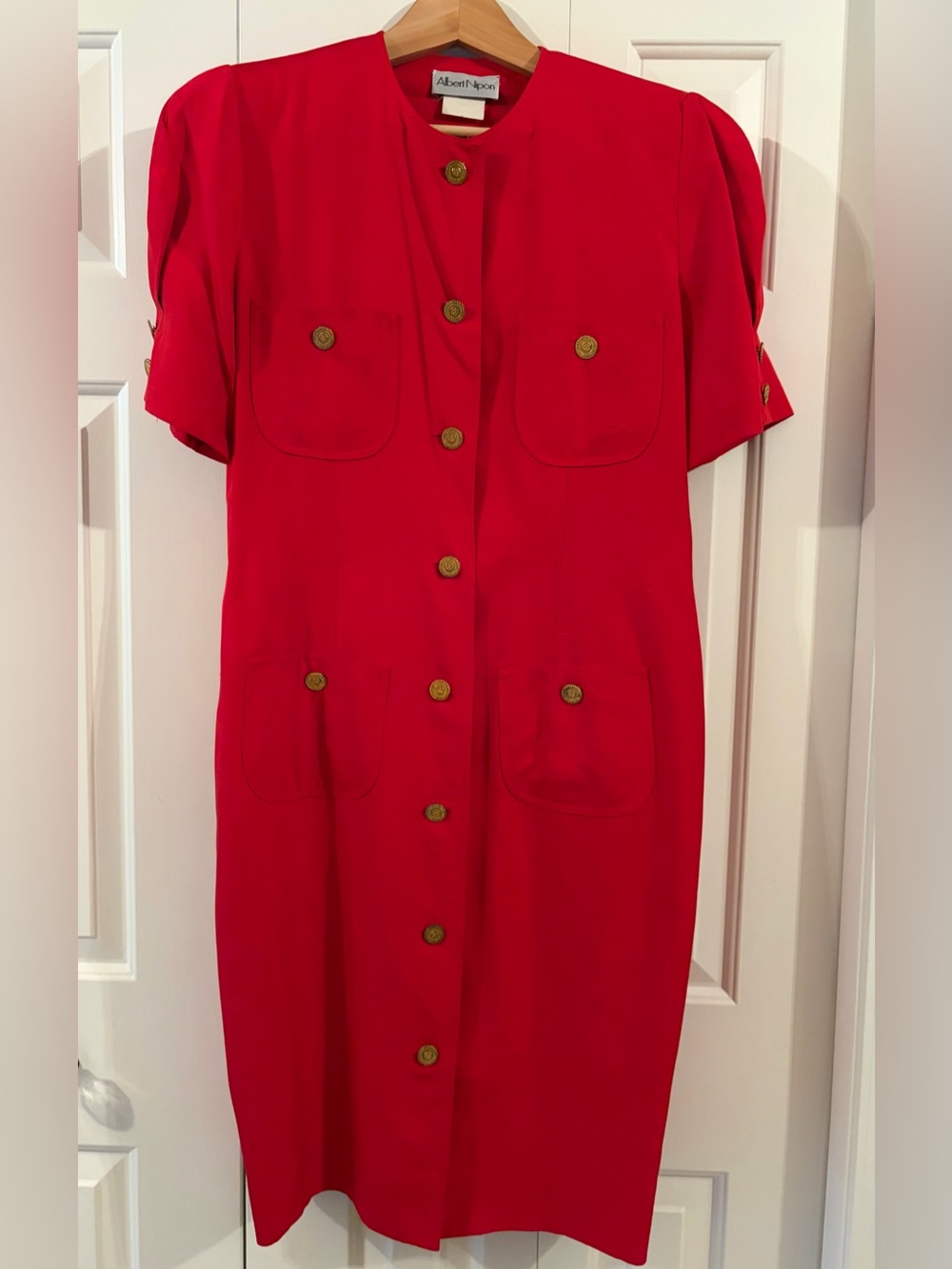 Albert Nipon Red Button-Front Pocket Dress